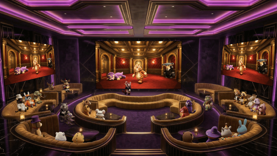 Plush animal characters watch a match unfold on a giant screen inside a lavish betting parlor.